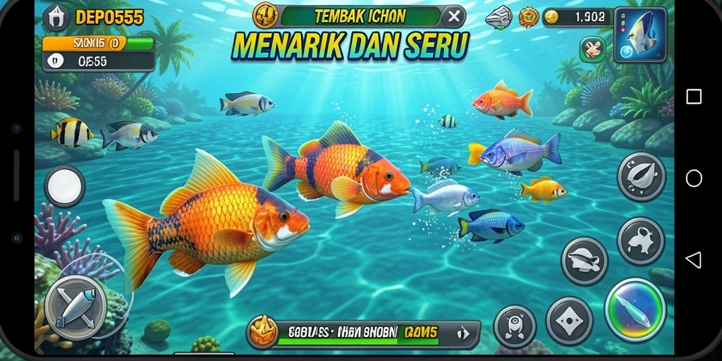 Screenshot DEPO555 menampilkan aksi seru menembak ikan di lautan.