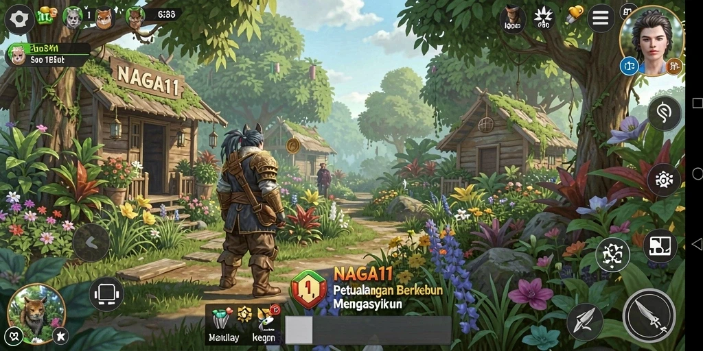 Tampilan gameplay NAGA11 yang menampilkan kebun yang subur.