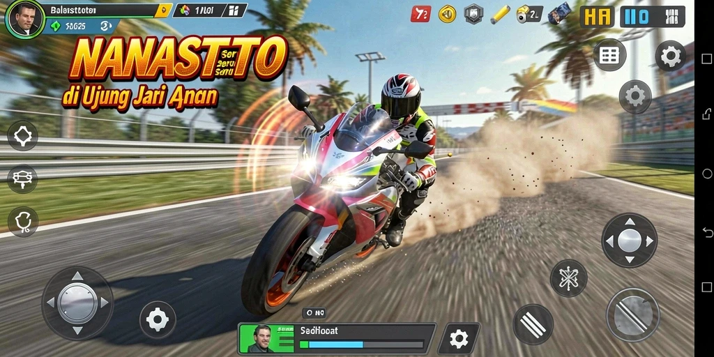 Tampilan gameplay seru di NANASTOTO dengan balapan motor yang mendebarkan.
