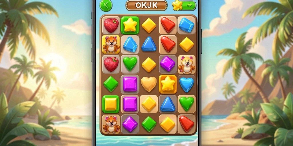 Screenshot gameplay OKJK menampilkan keseruan mencocokkan elemen dalam Match-3.
