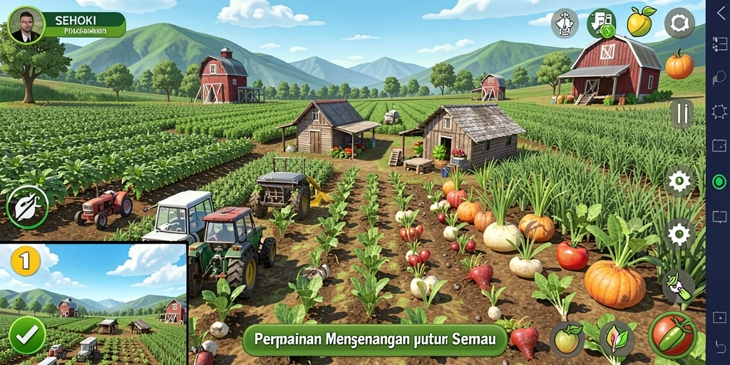 Tampilan gameplay SEHOKI yang menggambarkan aktivitas bertani di kebun.