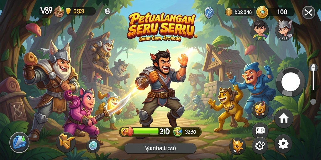 Screenshot utama V89 memperlihatkan aksi cepat dalam gameplay Arcade.